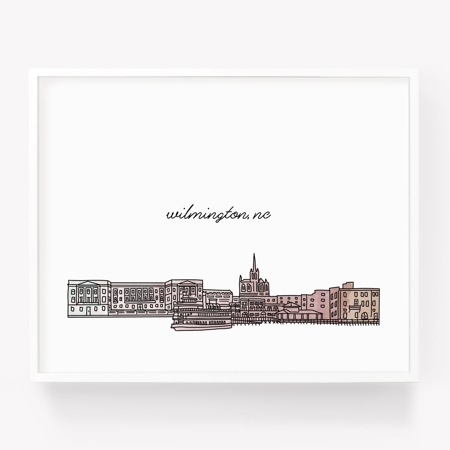 A city art print of a skyline drawing of Wilmington North Carolina - in the color beige