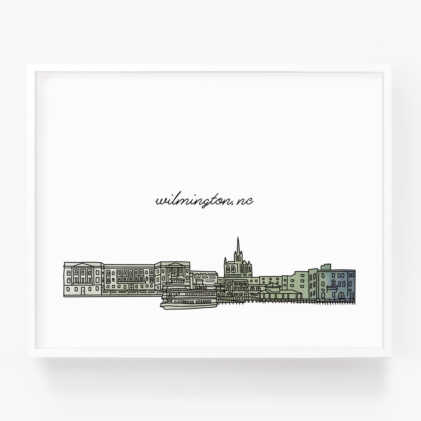 A city art print of a skyline drawing of Wilmington North Carolina - in the color green