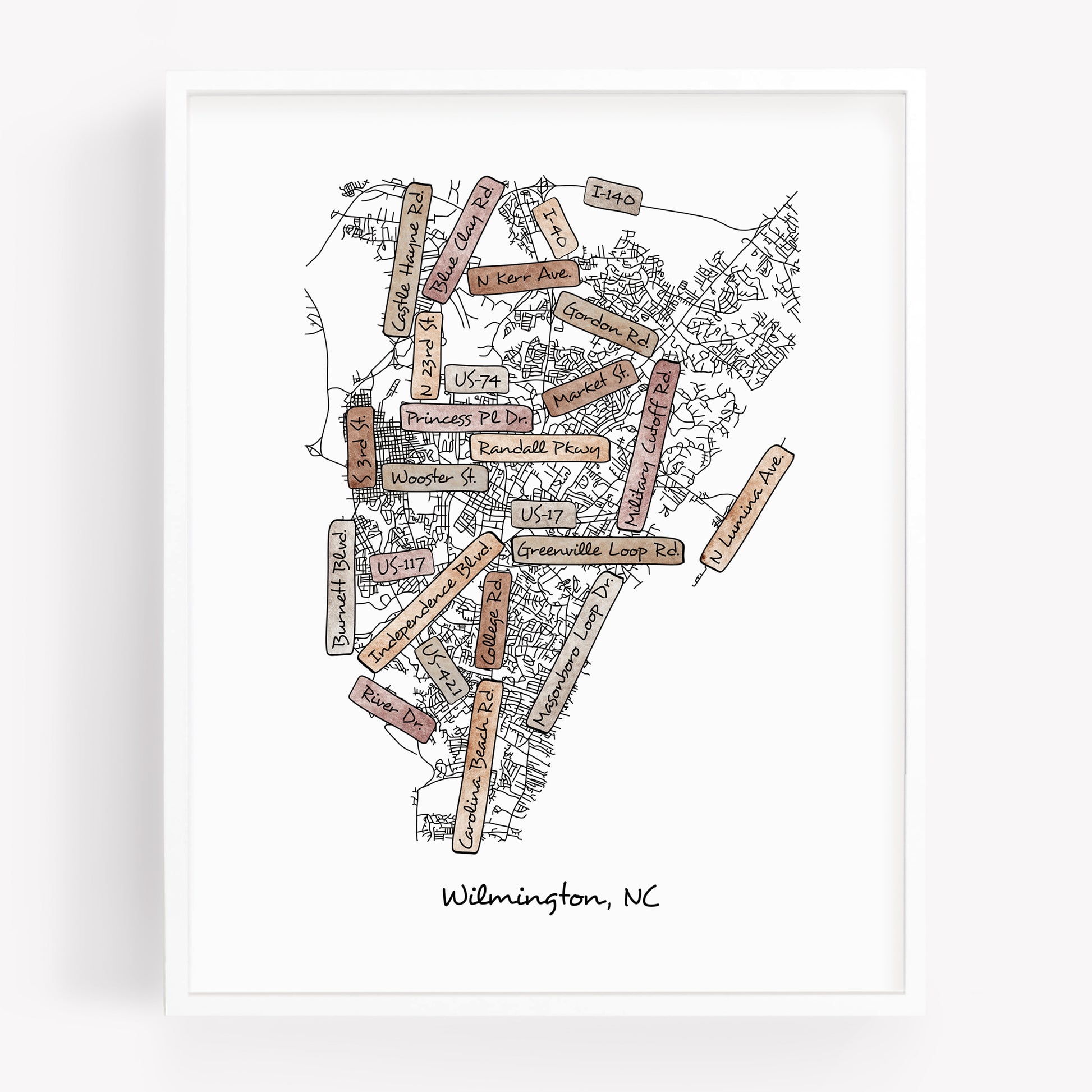 A hand-drawn street map art print of Wilmington North Carolina - in the color boho