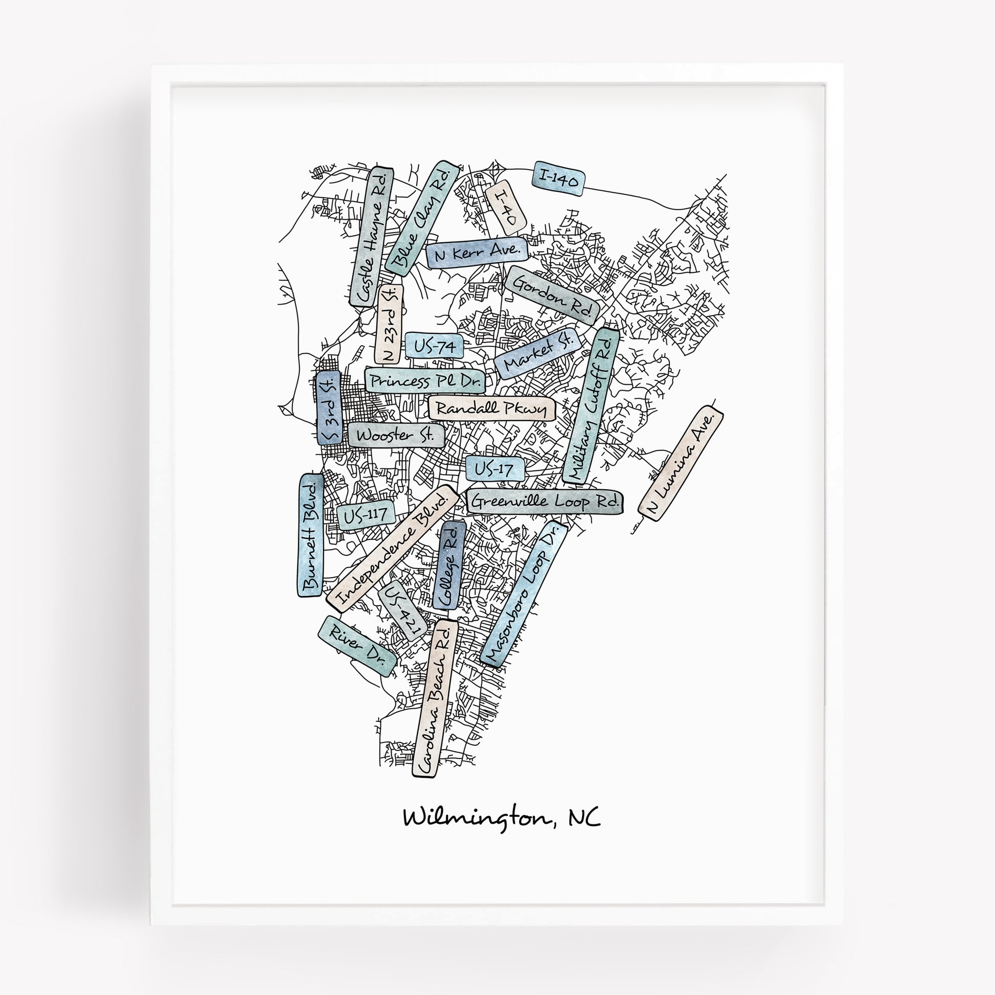 A hand-drawn street map art print of Wilmington North Carolina - in the color coastal