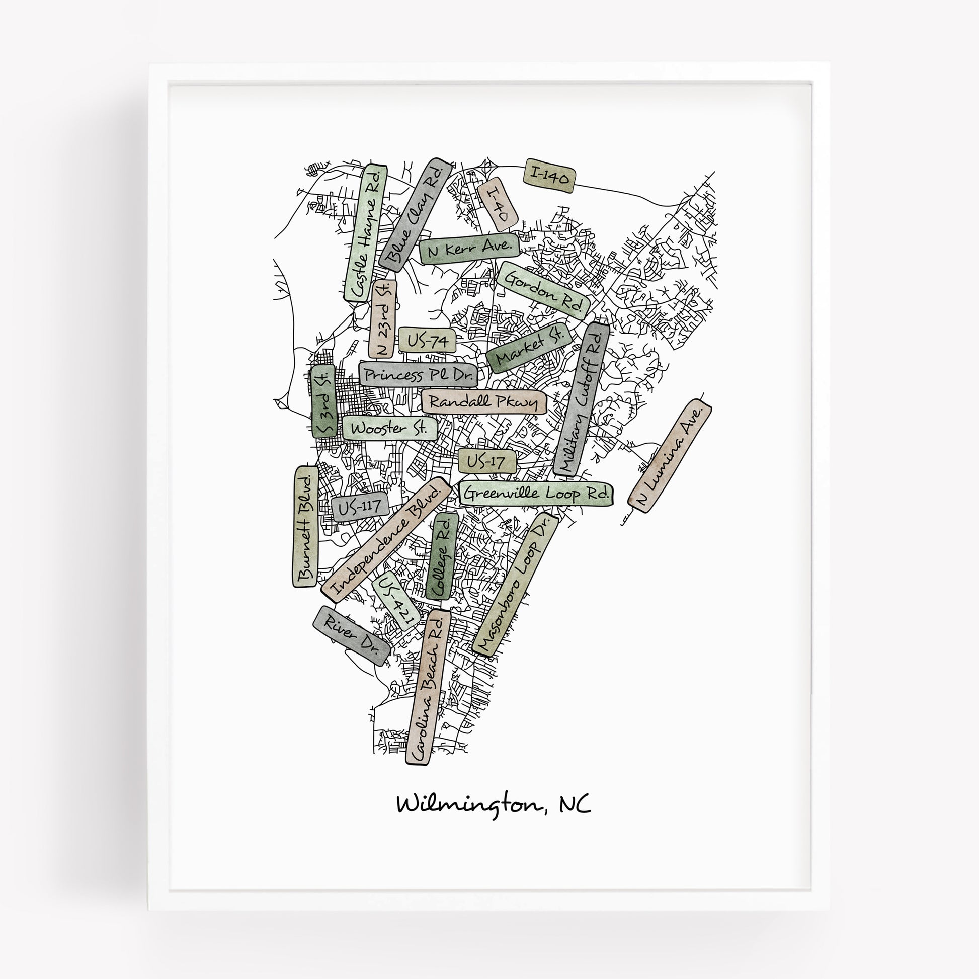 A hand-drawn street map art print of Wilmington North Carolina - in the color earthy