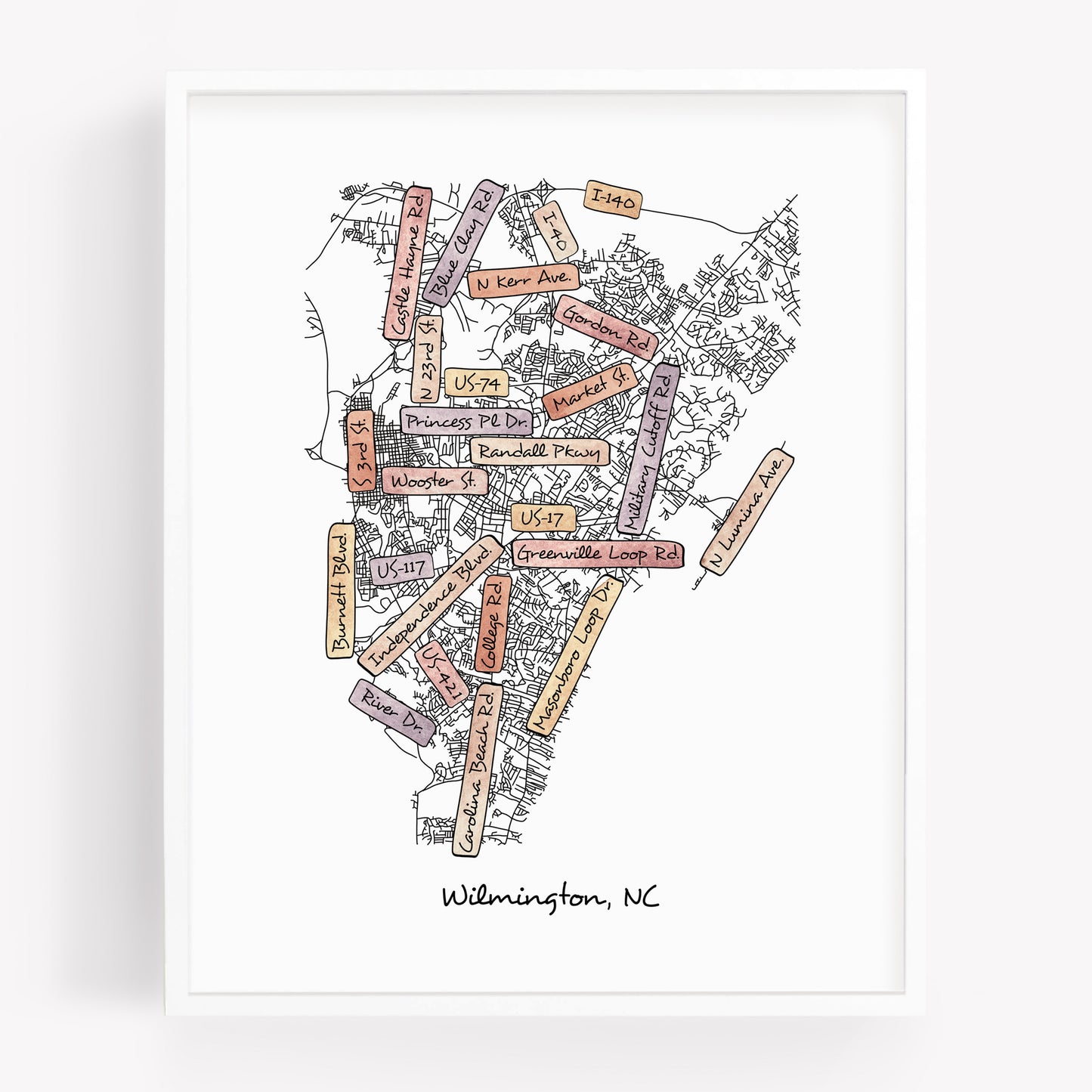 A hand-drawn street map art print of Wilmington North Carolina - in the color sunset