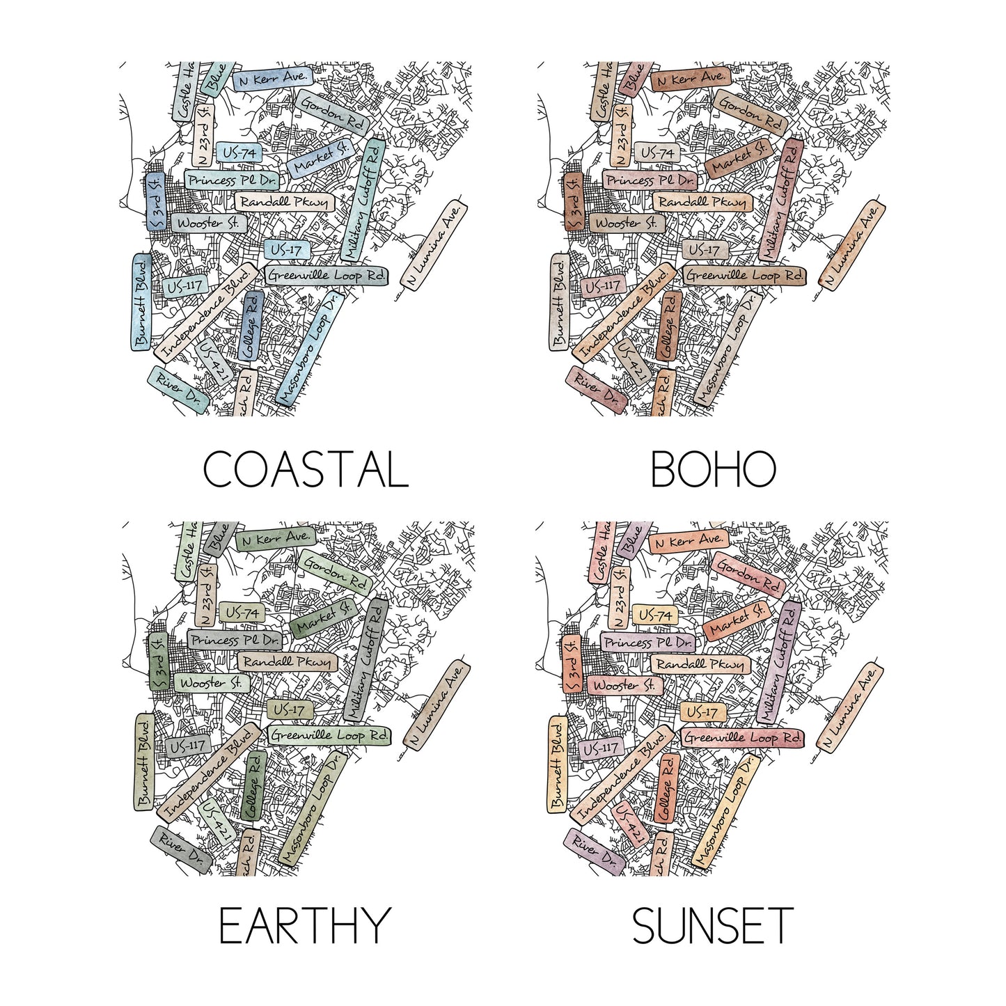 Examples of all four colors available for custom city street maps: coastal, sunset, earthy, boho