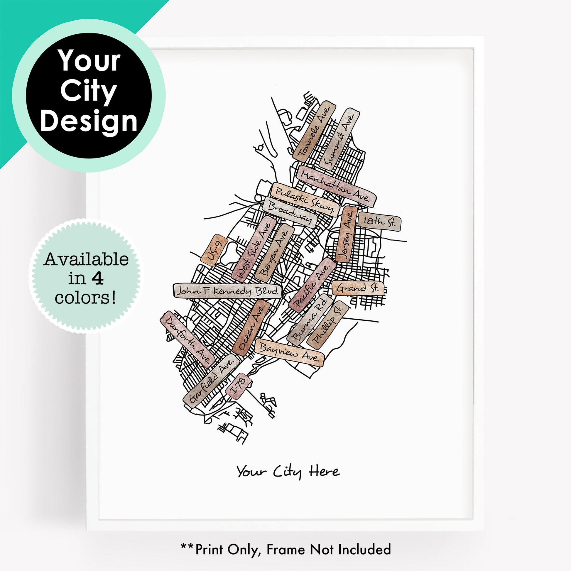 A custom city drawing of a street map of any hometown, as a print