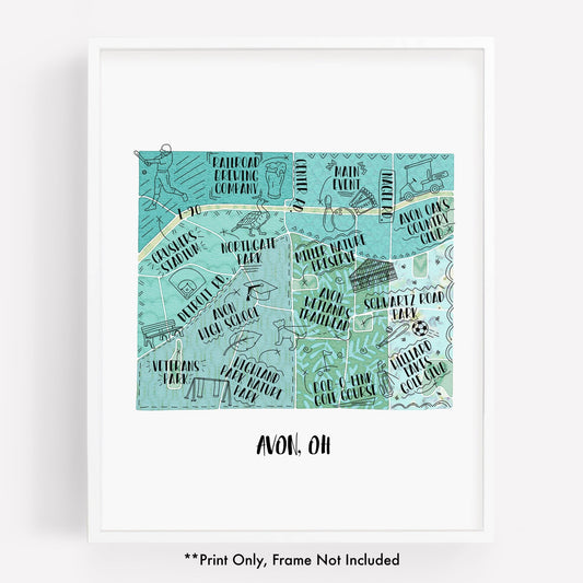 An illustrated map of Avon OH, as a print - Sparks House Co