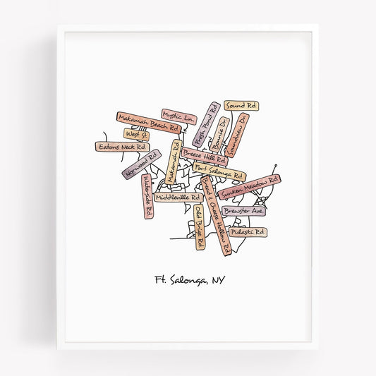 A hand-drawn street map art print of Fort Salonga New York - Sparks House Co