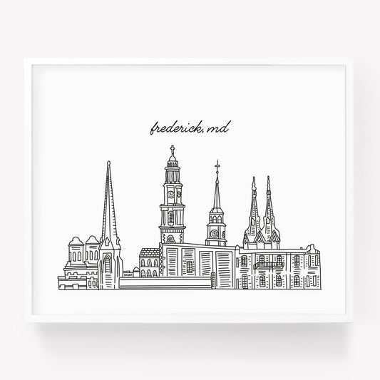 A city art print of a skyline drawing of Frederick Maryland - Sparks House Co