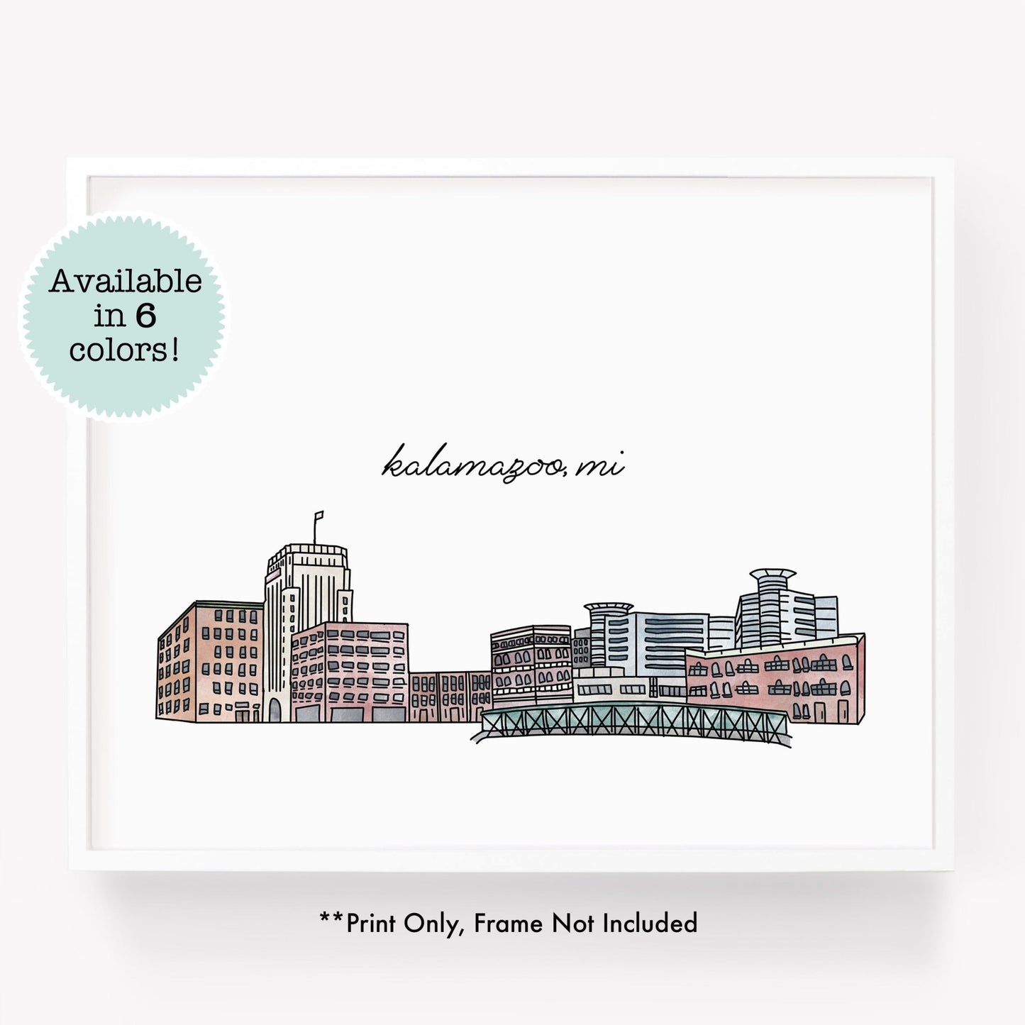 A city art print of a skyline drawing of Kalamazoo Michigan - in the color natural