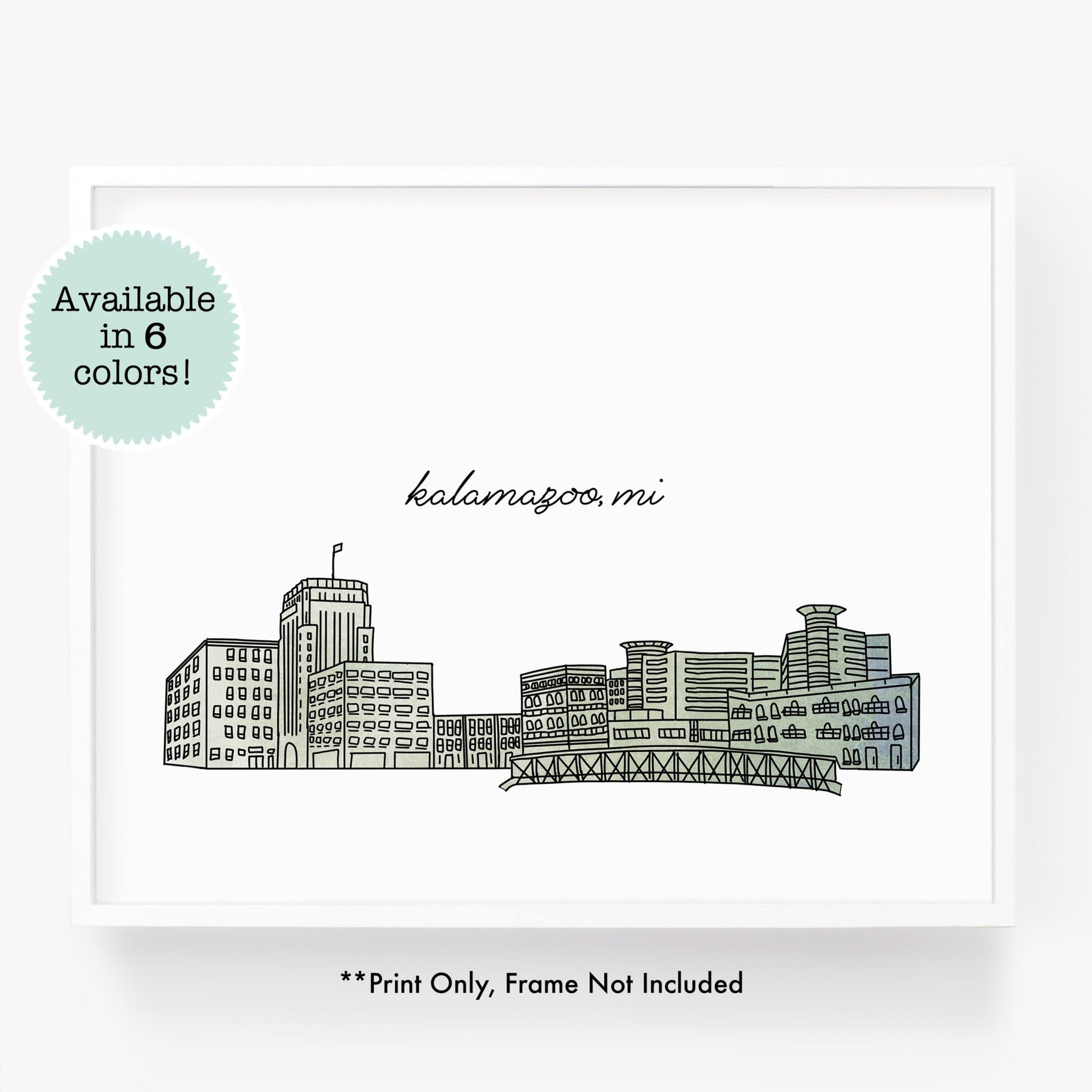 A city art print of a skyline drawing of Kalamazoo Michigan - in the color green