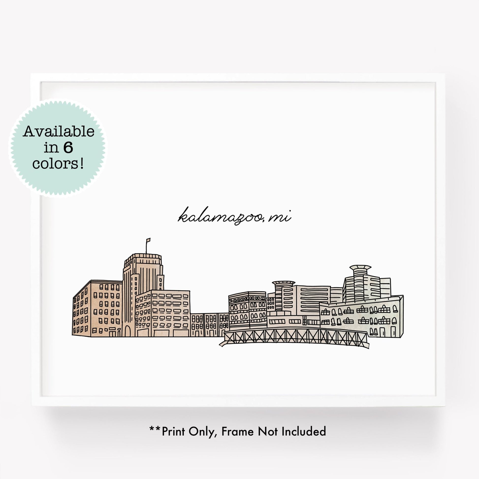 A city art print of a skyline drawing of Kalamazoo Michigan - in the color beige