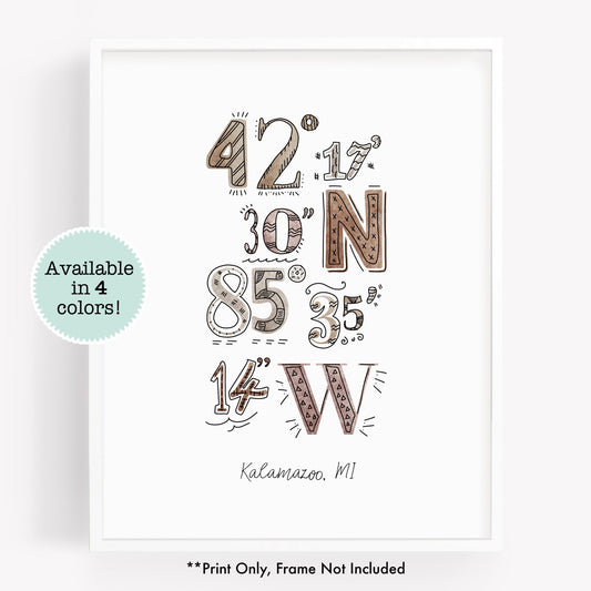 A city art print of a drawing of the coordinates of Kalamazoo, Michigan - Sparks House Co