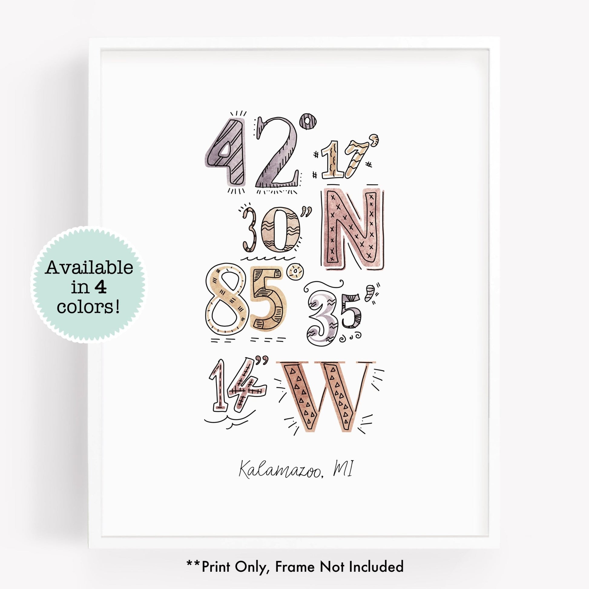 A city art print of a drawing of the coordinates of Kalamazoo, Michigan - Sparks House Co