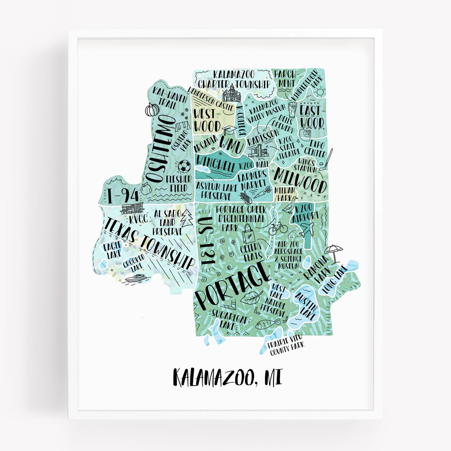 An illustrated map of Kalamazoo Michigan, as a print, in the color teal