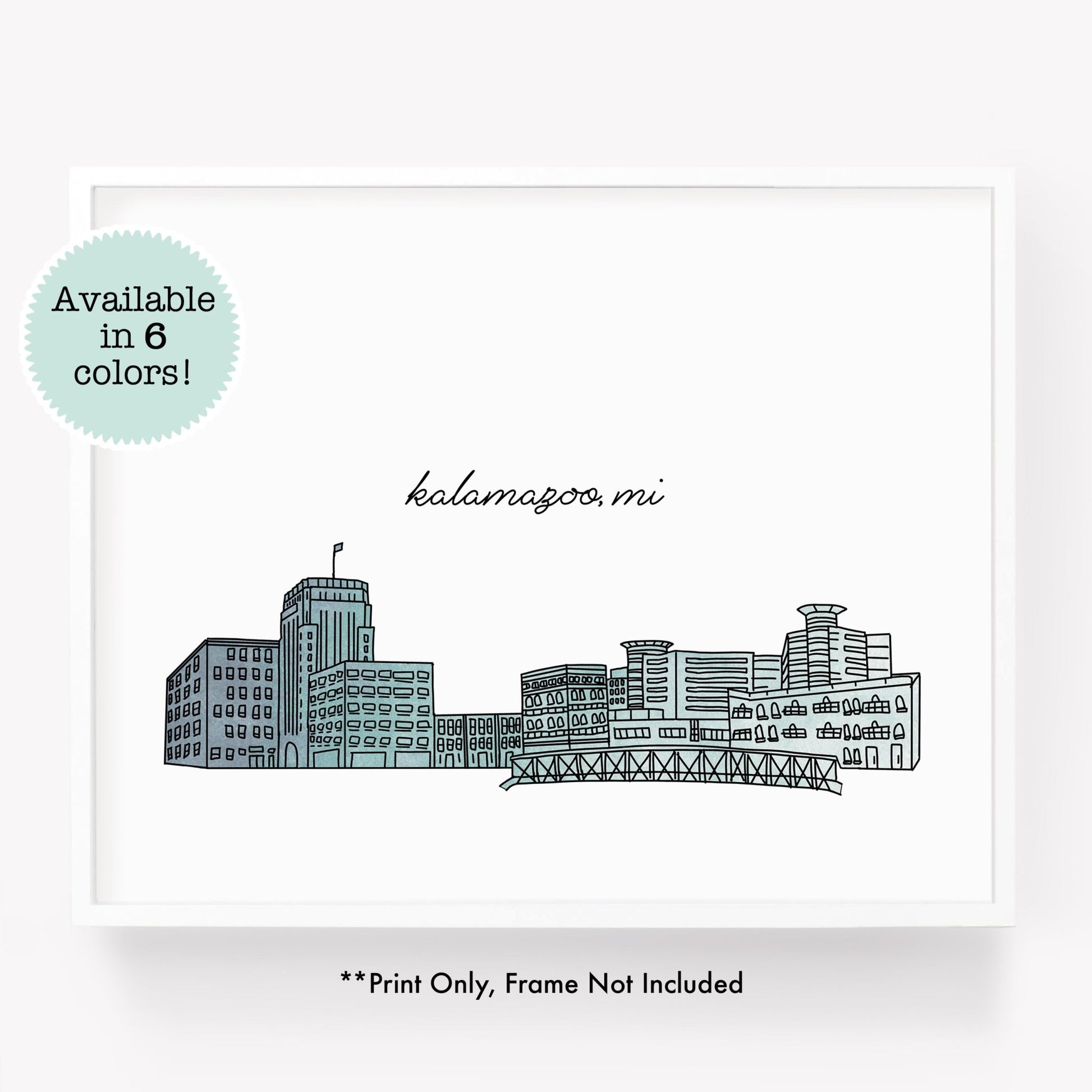 A city art print of a skyline drawing of Kalamazoo Michigan - in the color blue