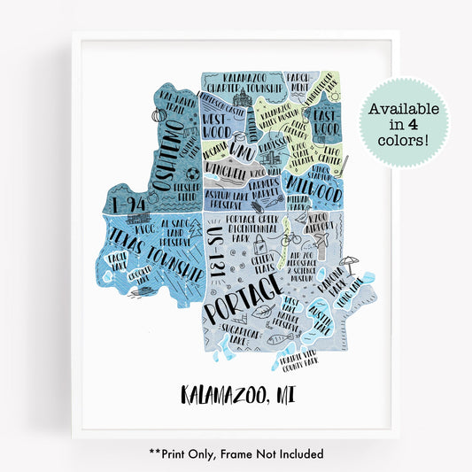 An illustrated map of Kalamazoo Michigan, as a print - Sparks House Co