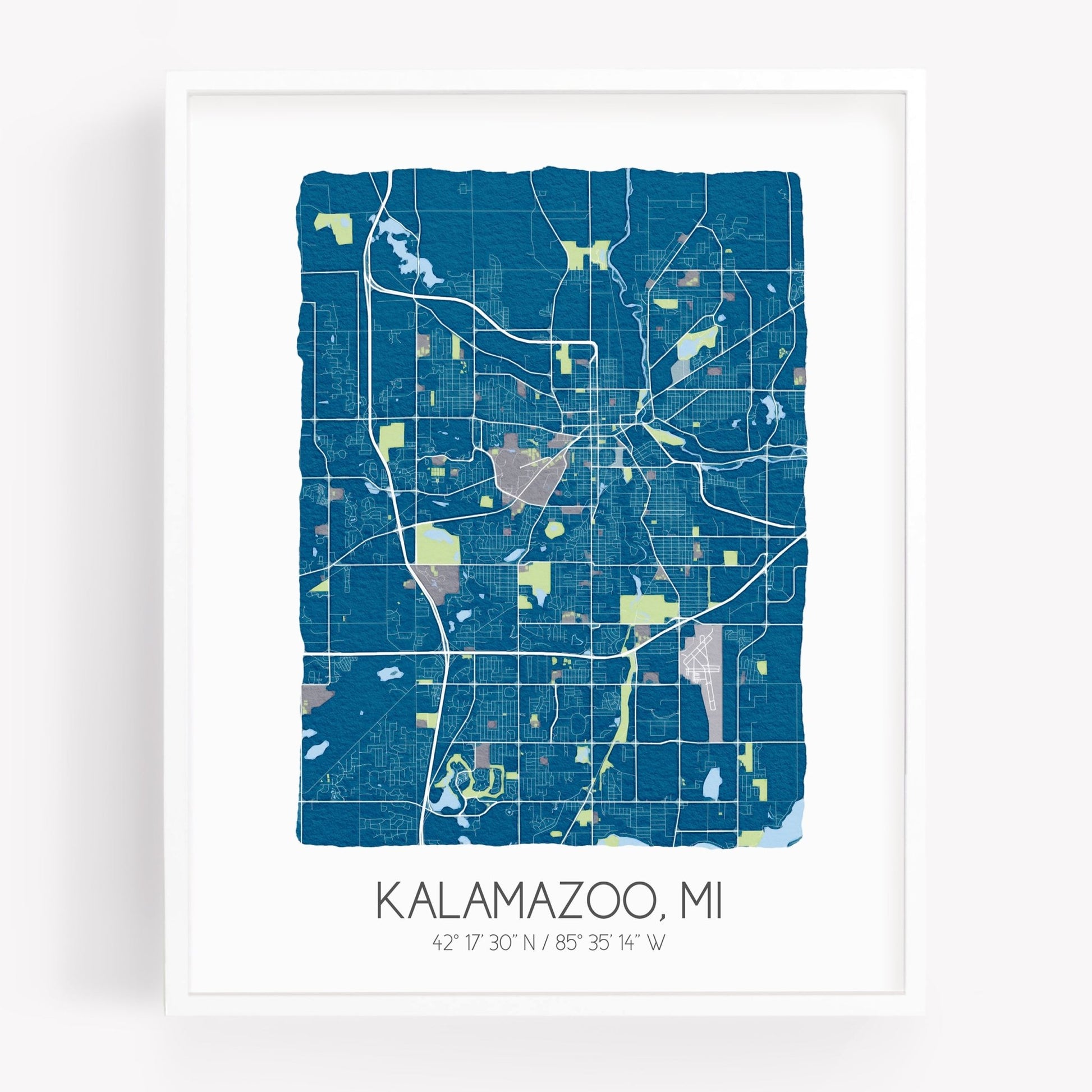 A city map print of Kalamazoo Michigan, in the color blue