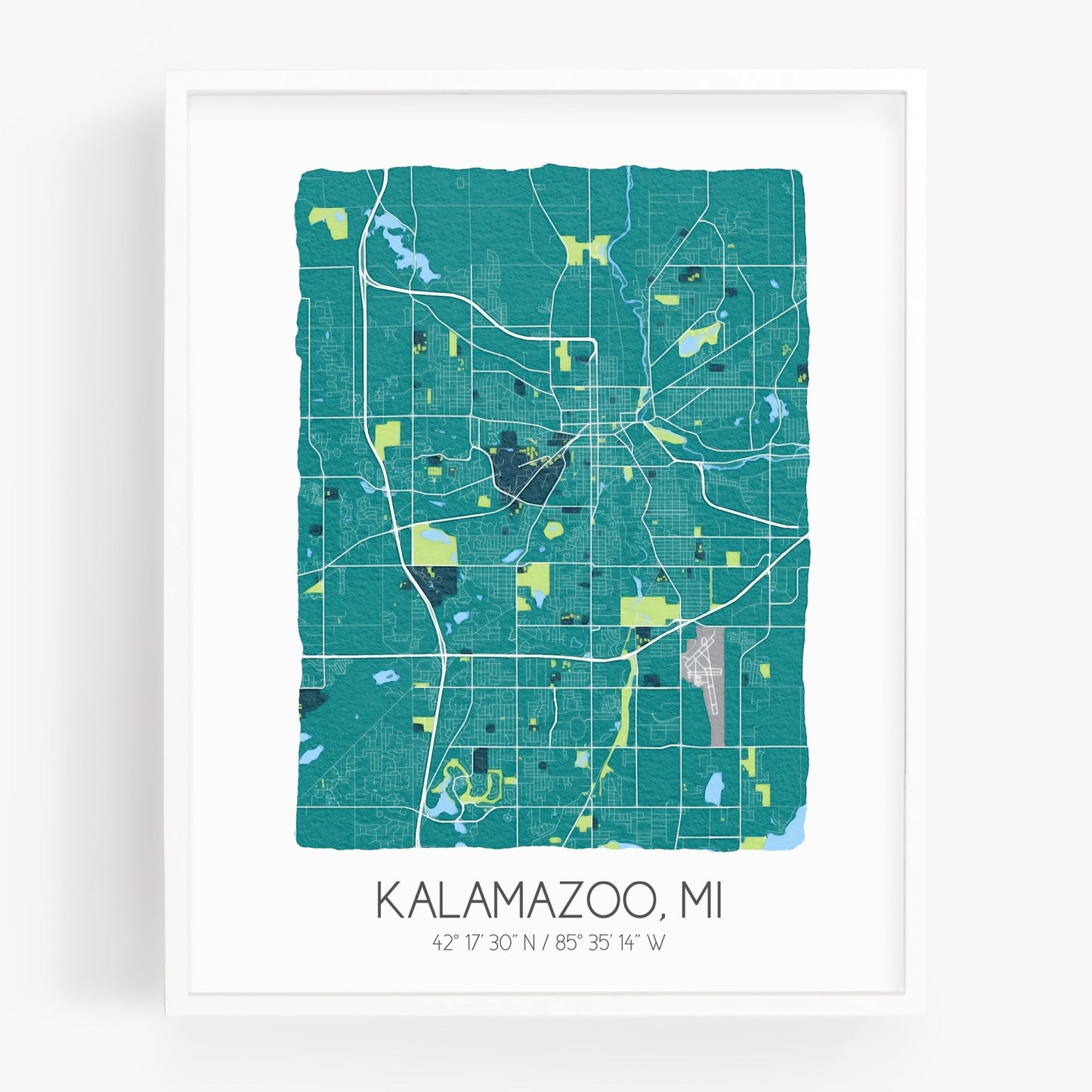 A city map print of Kalamazoo Michigan, in the color teal