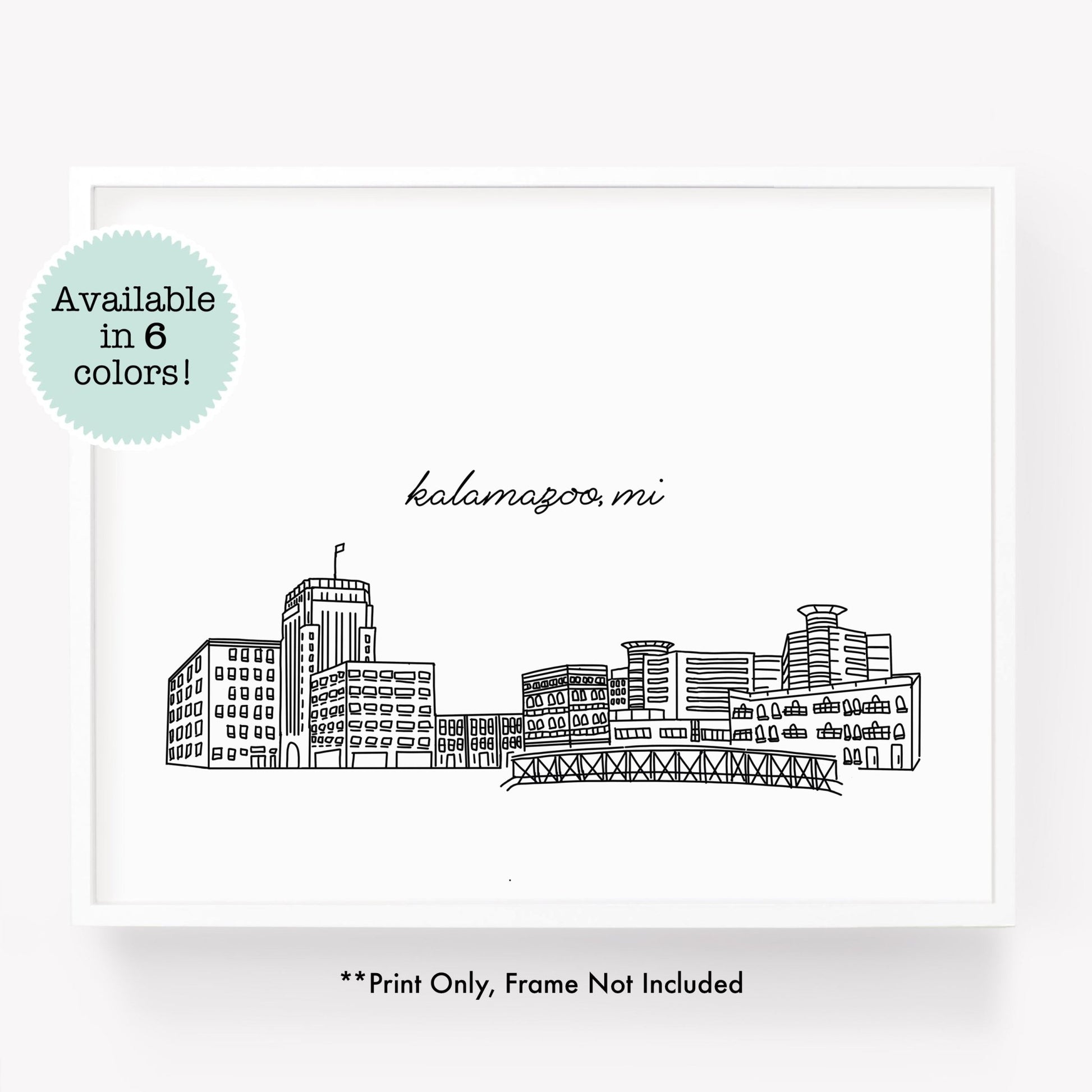A city art print of a skyline drawing of Kalamazoo Michigan - in the color black and white