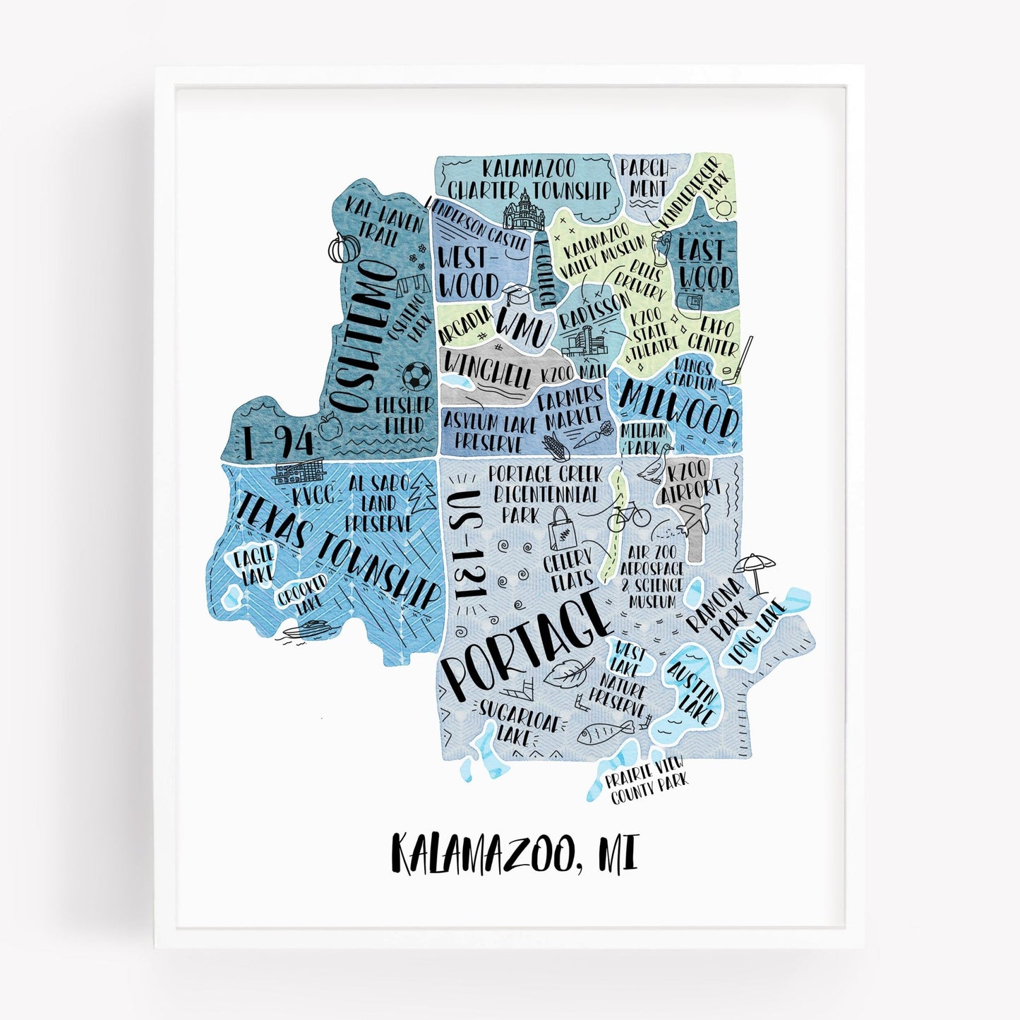 An illustrated map of Kalamazoo Michigan, as a print, in the color blue