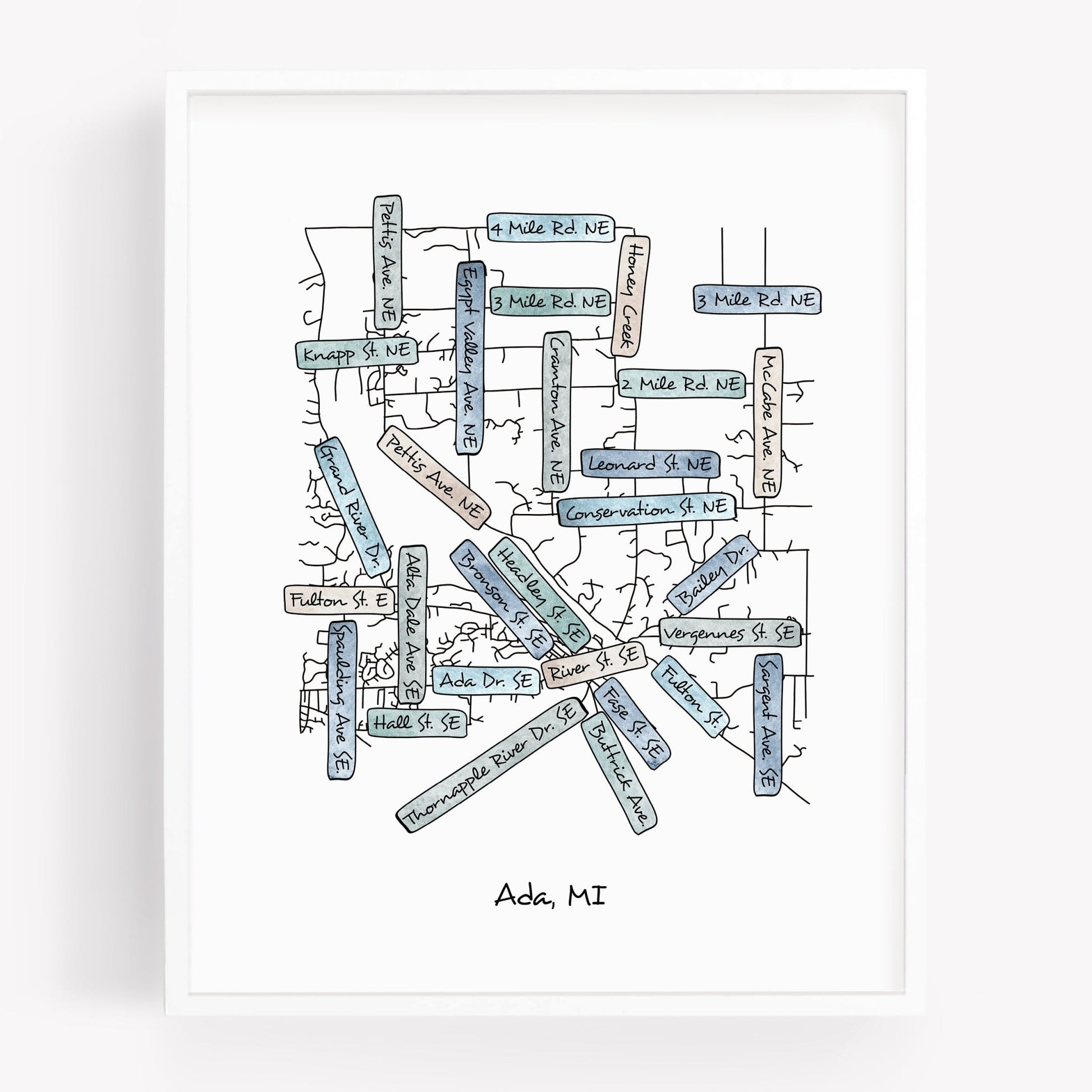 A hand-drawn street map art print of Ada Michigan - Sparks House Co