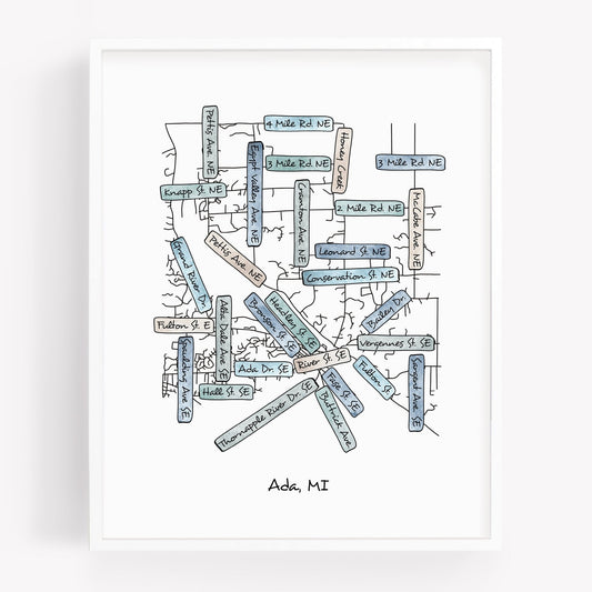 A hand-drawn street map art print of Ada Michigan - Sparks House Co