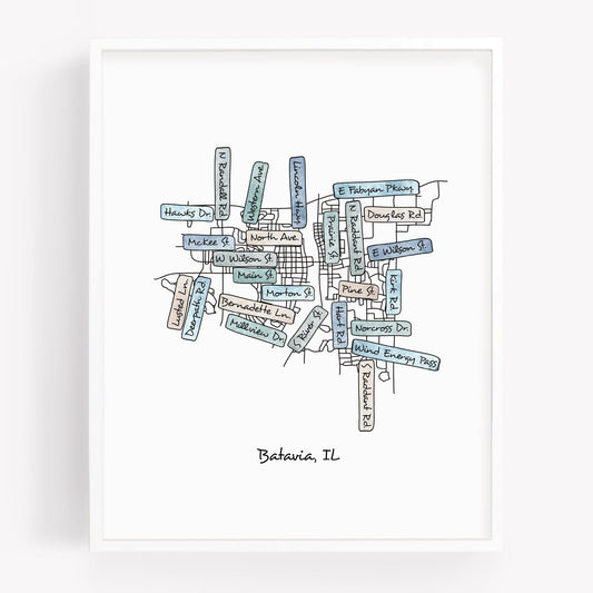 A hand-drawn street map art print of Batavia Illinois - Sparks House Co