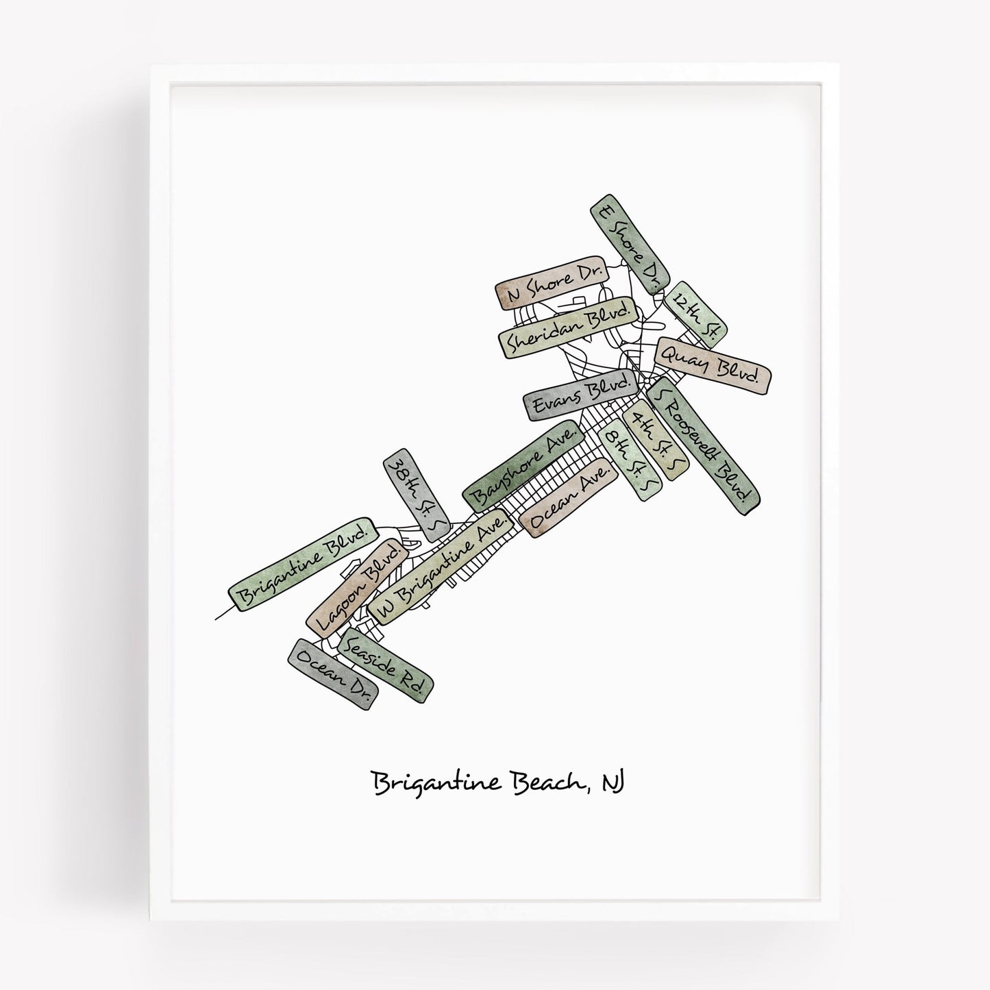 A hand-drawn street map art print of Brigantine Beach New Jersey - Sparks House Co
