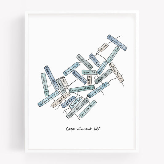 A hand-drawn street map art print of Cape Vincent New York - Sparks House Co