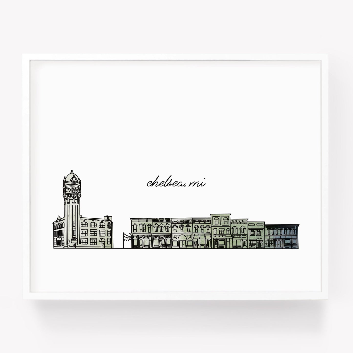 A city art print of a skyline drawing of Chelsea Michigan - Sparks House Co