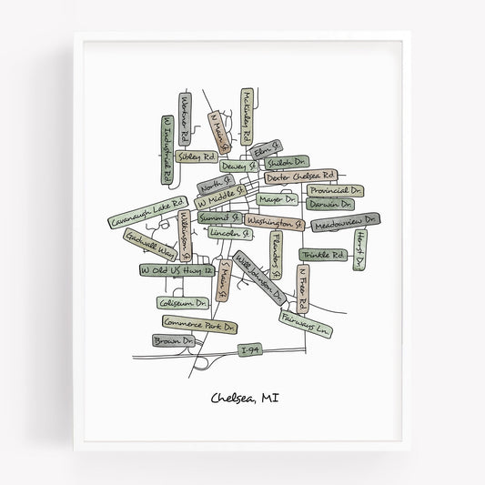A hand-drawn street map art print of Chelsea Michigan - Sparks House Co