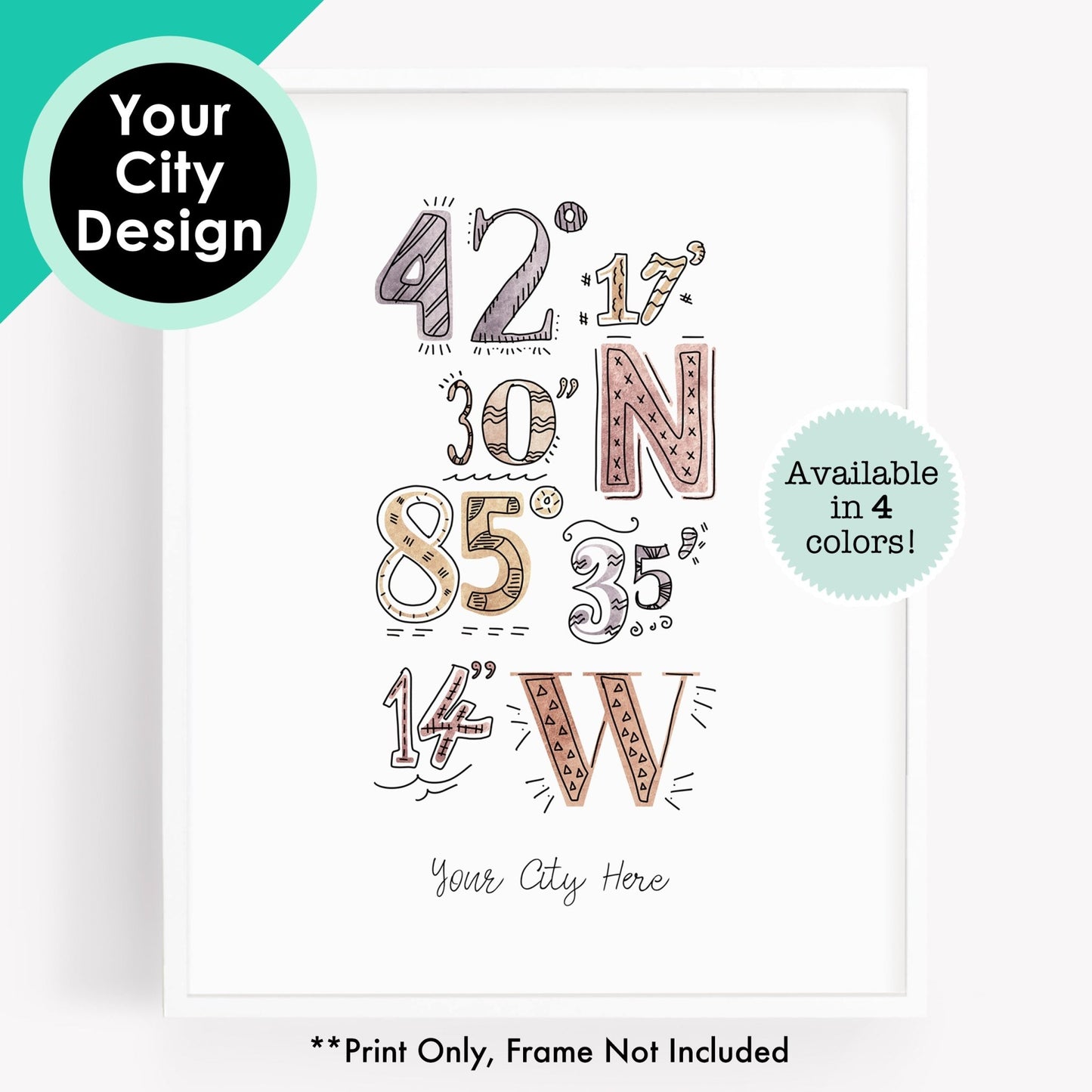 Custom City Art Print - Watercolor Coordinates Drawing For Your Hometown
