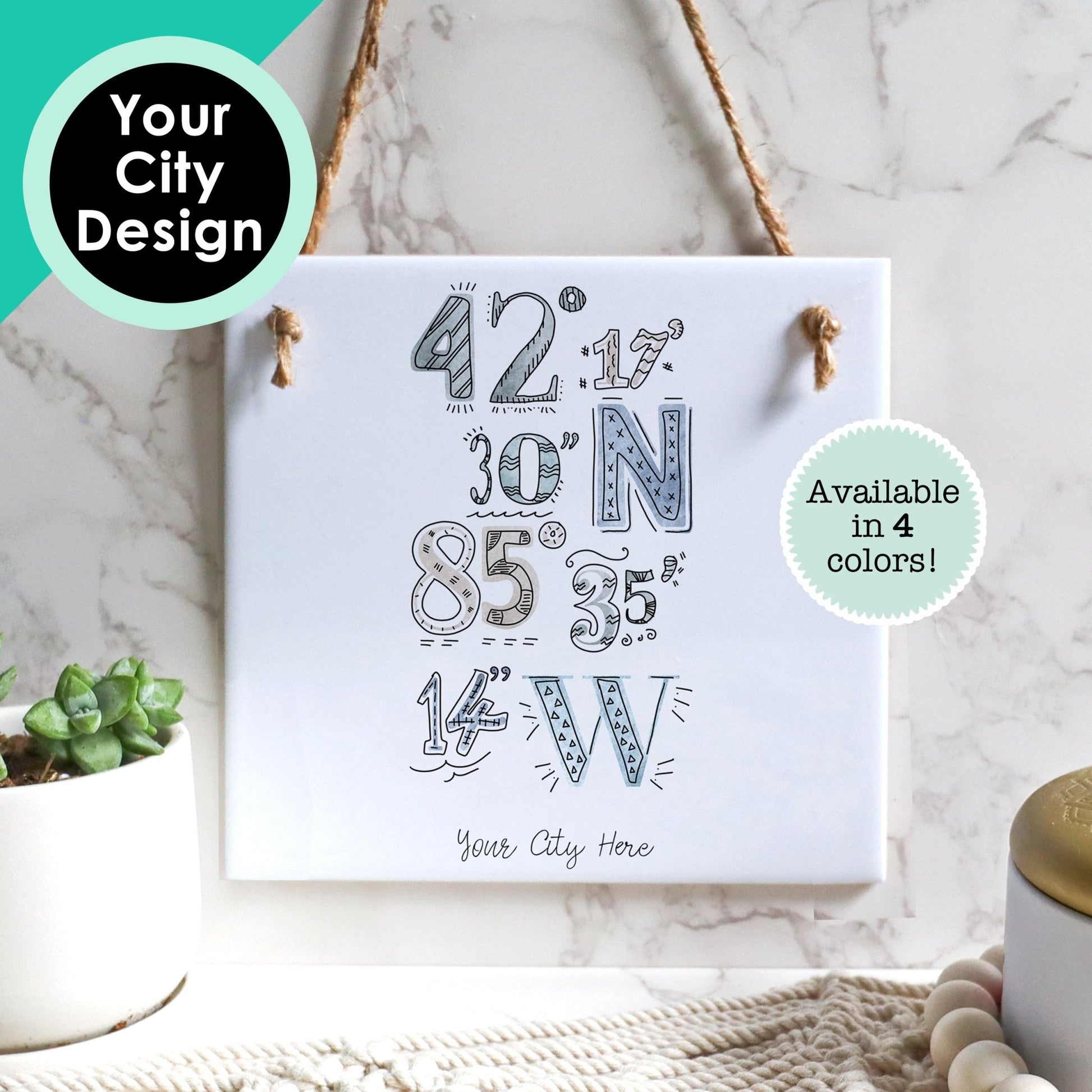 Custom City Art Tile Sign - Watercolor Coordinates Drawing For Your Hometown - Square