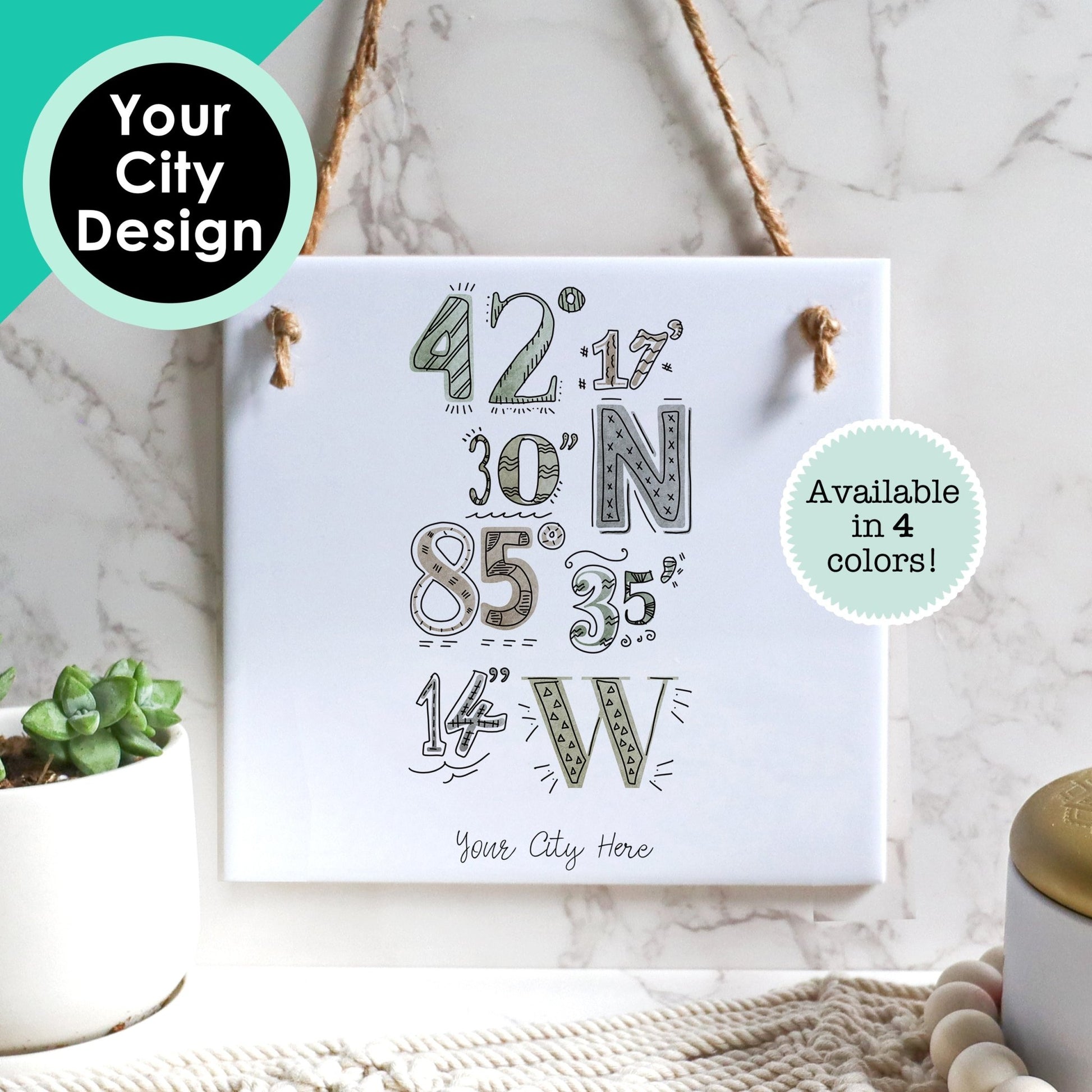 Custom City Art Tile Sign - Watercolor Coordinates Drawing For Your Hometown - Square