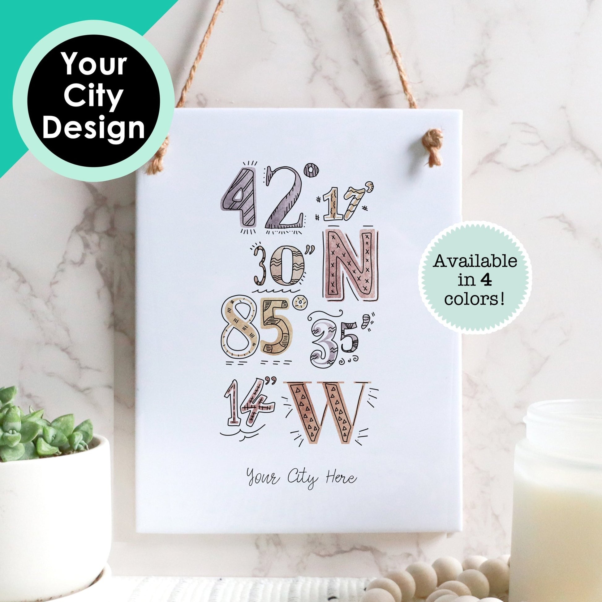 Custom City Art Tile Sign - Watercolor Coordinates Drawing For Your Hometown - Rectangle
