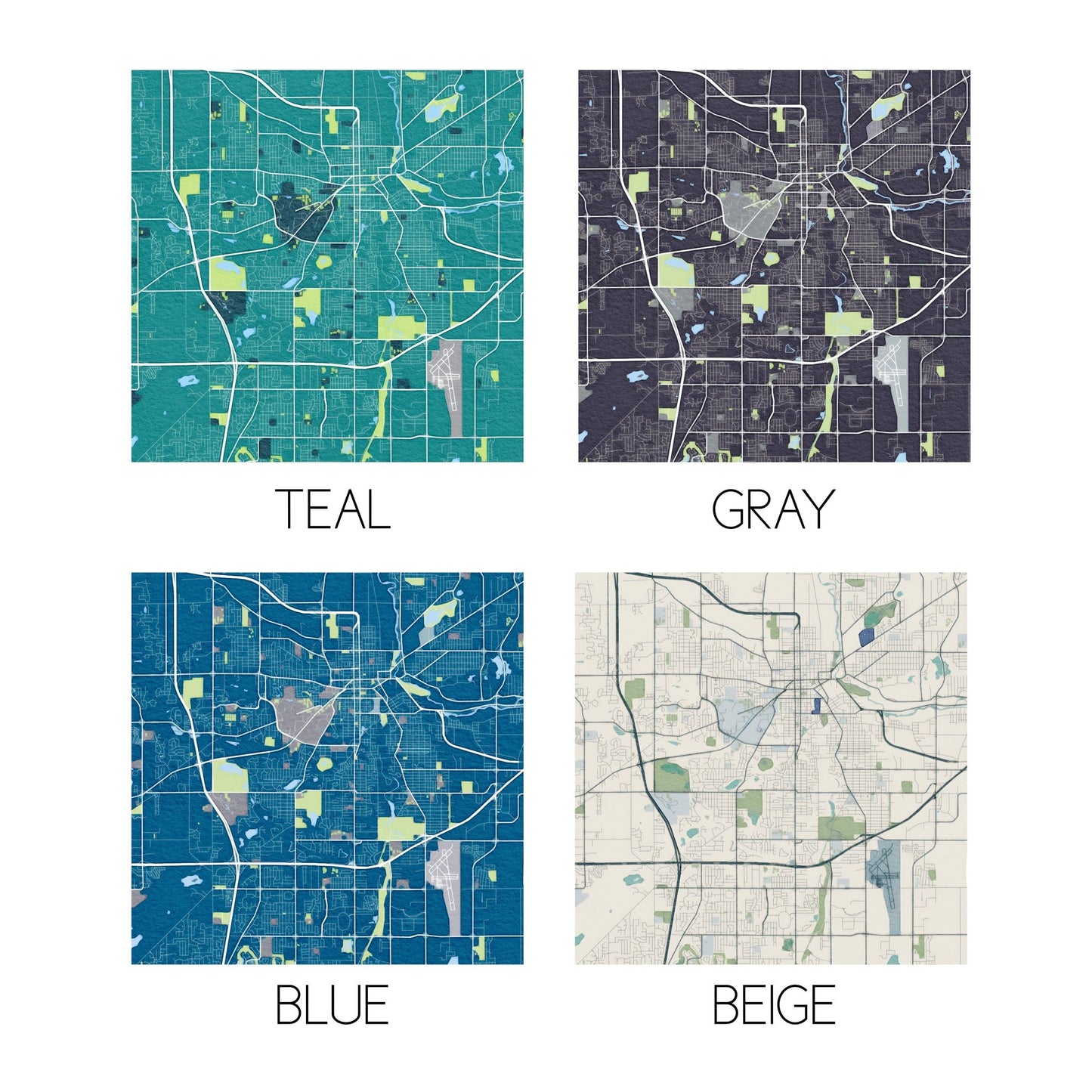 Examples of all four colors available for city maps: beige, blue, gray, and teal