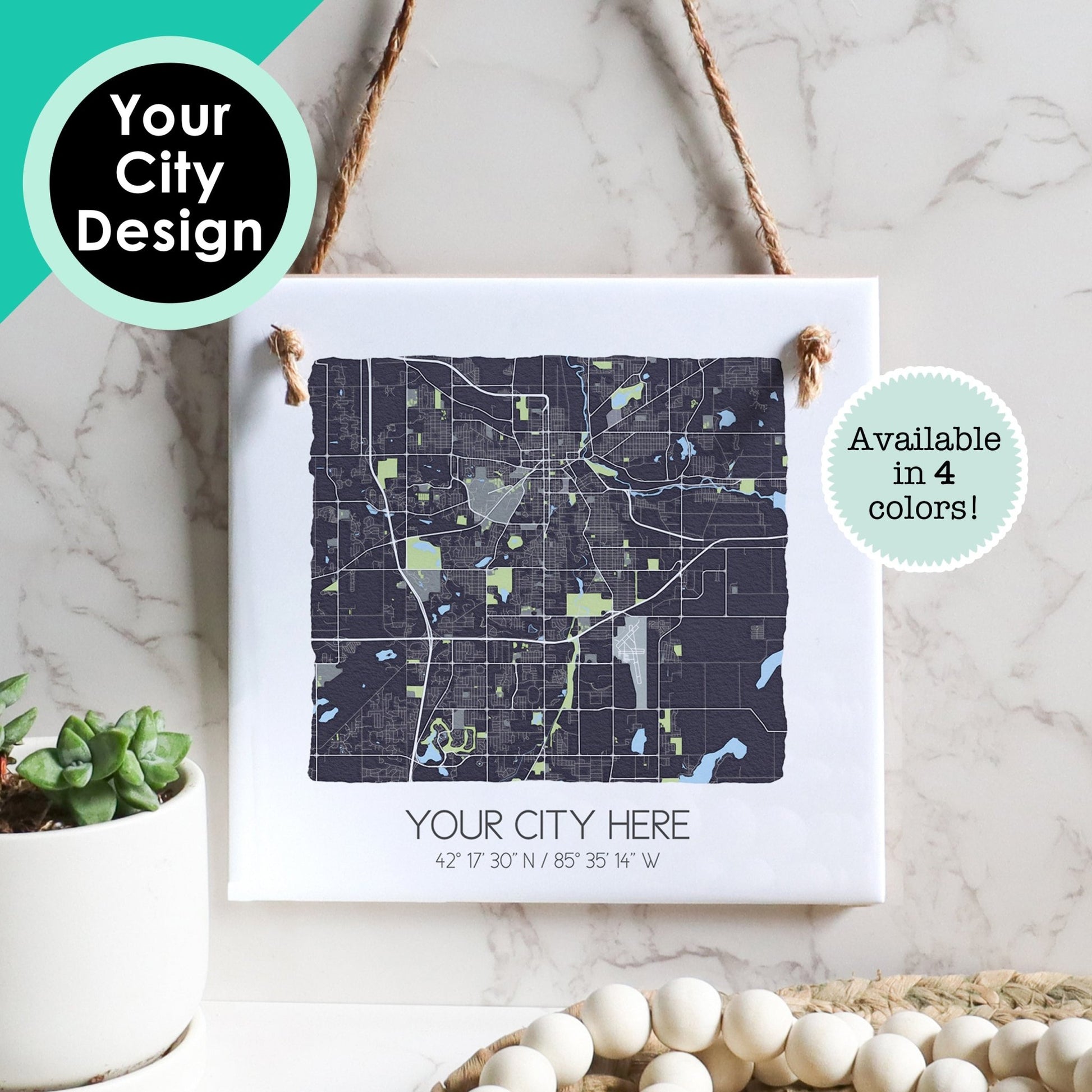 Custom City Map Hanging Tile Sign - Hometown Map Souvenir - Square