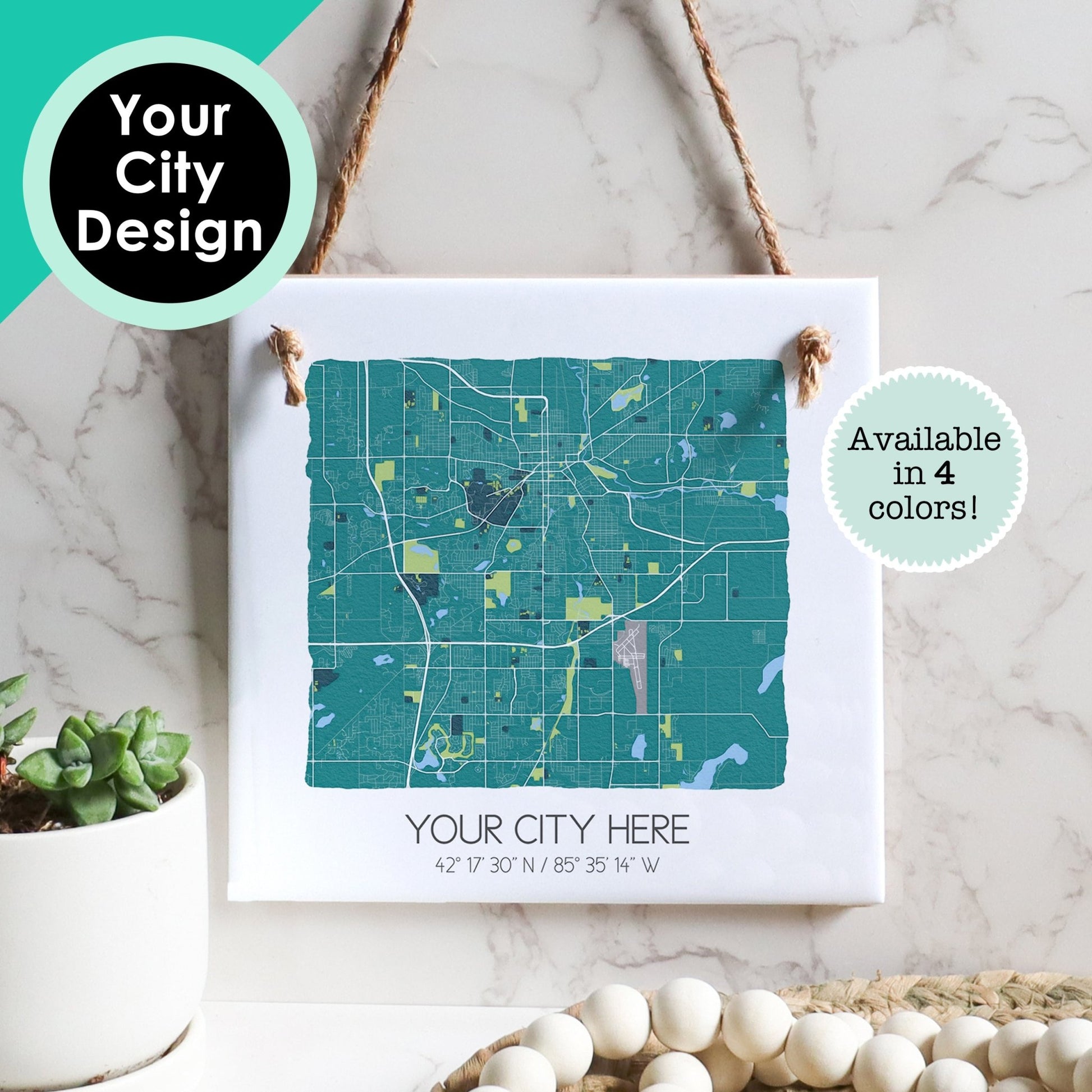 Custom City Map Hanging Tile Sign - Hometown Map Souvenir - Square