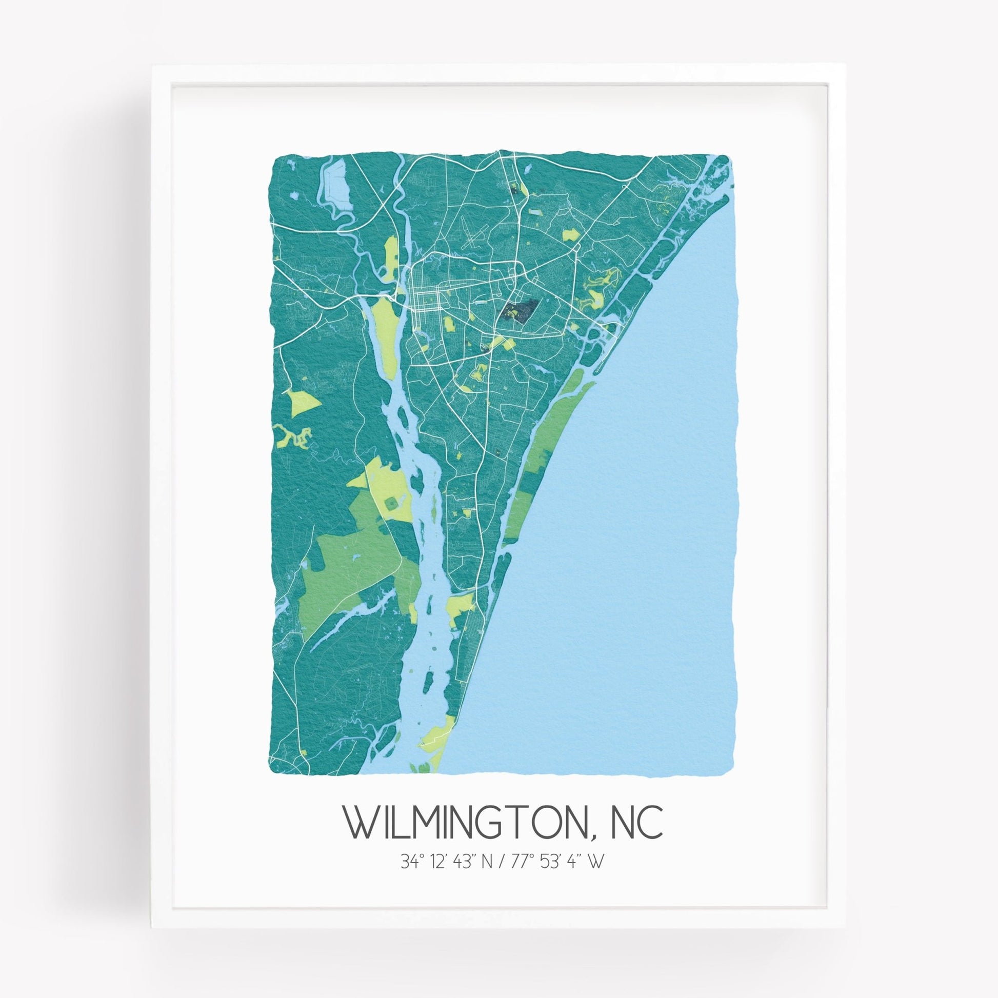 A city map print of Wilmington North Carolina, in the color teal