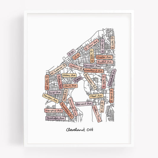 A hand-drawn street map art print of Cleveland Ohio - Sparks House Co