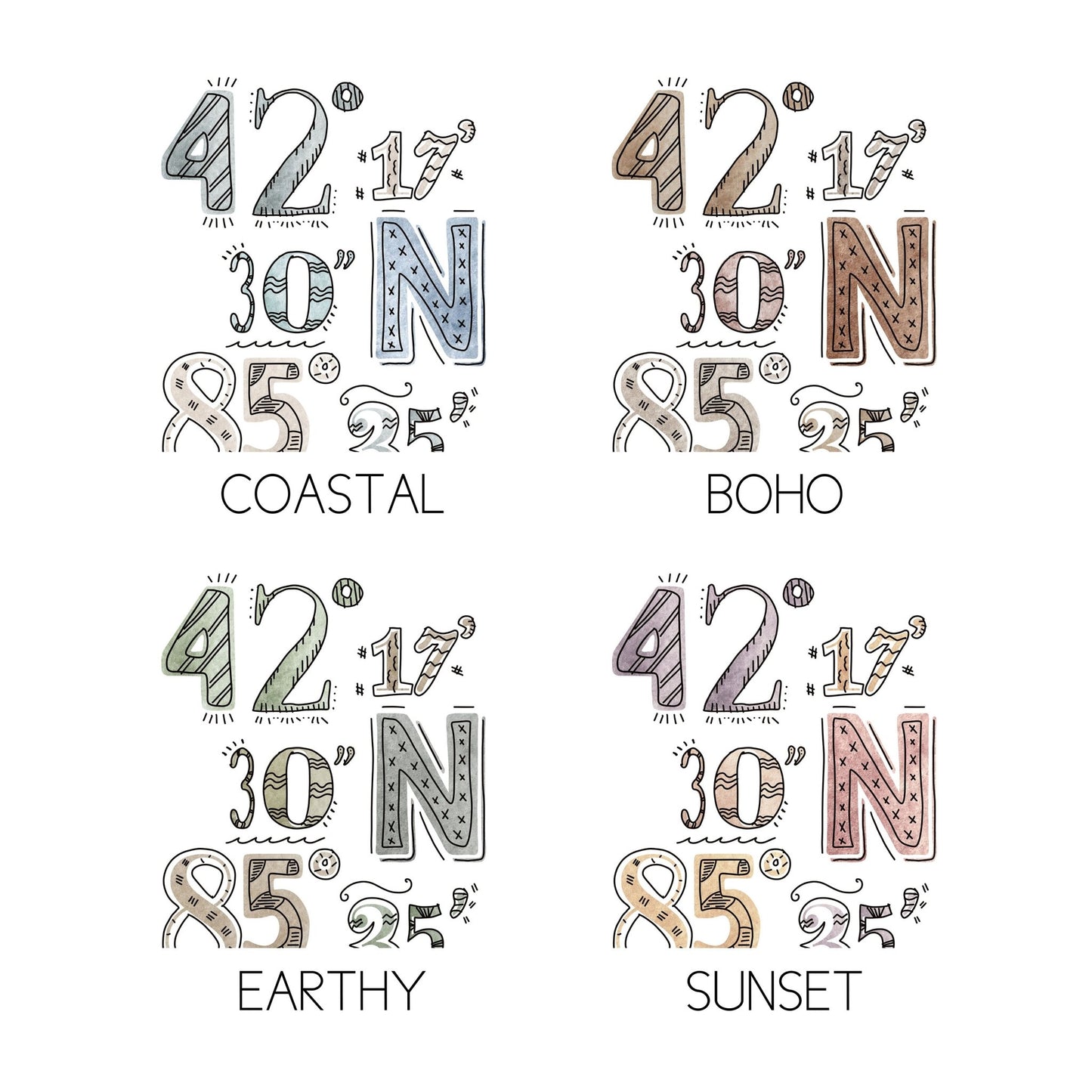 Examples of all four colors available for city art coasters: coastal, sunset, earthy, boho