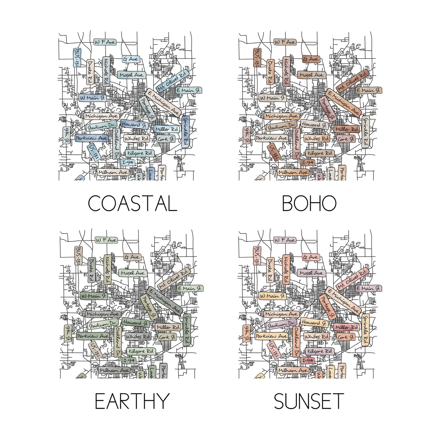 Examples of all four colors available for city art coasters: coastal, sunset, earthy, boho