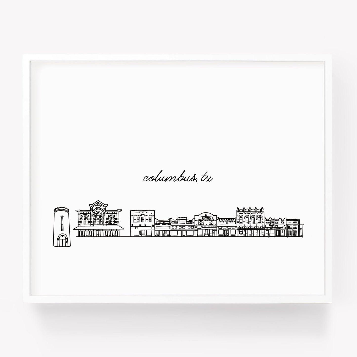 A city art print of a skyline drawing of Columbus Texas - Sparks House Co