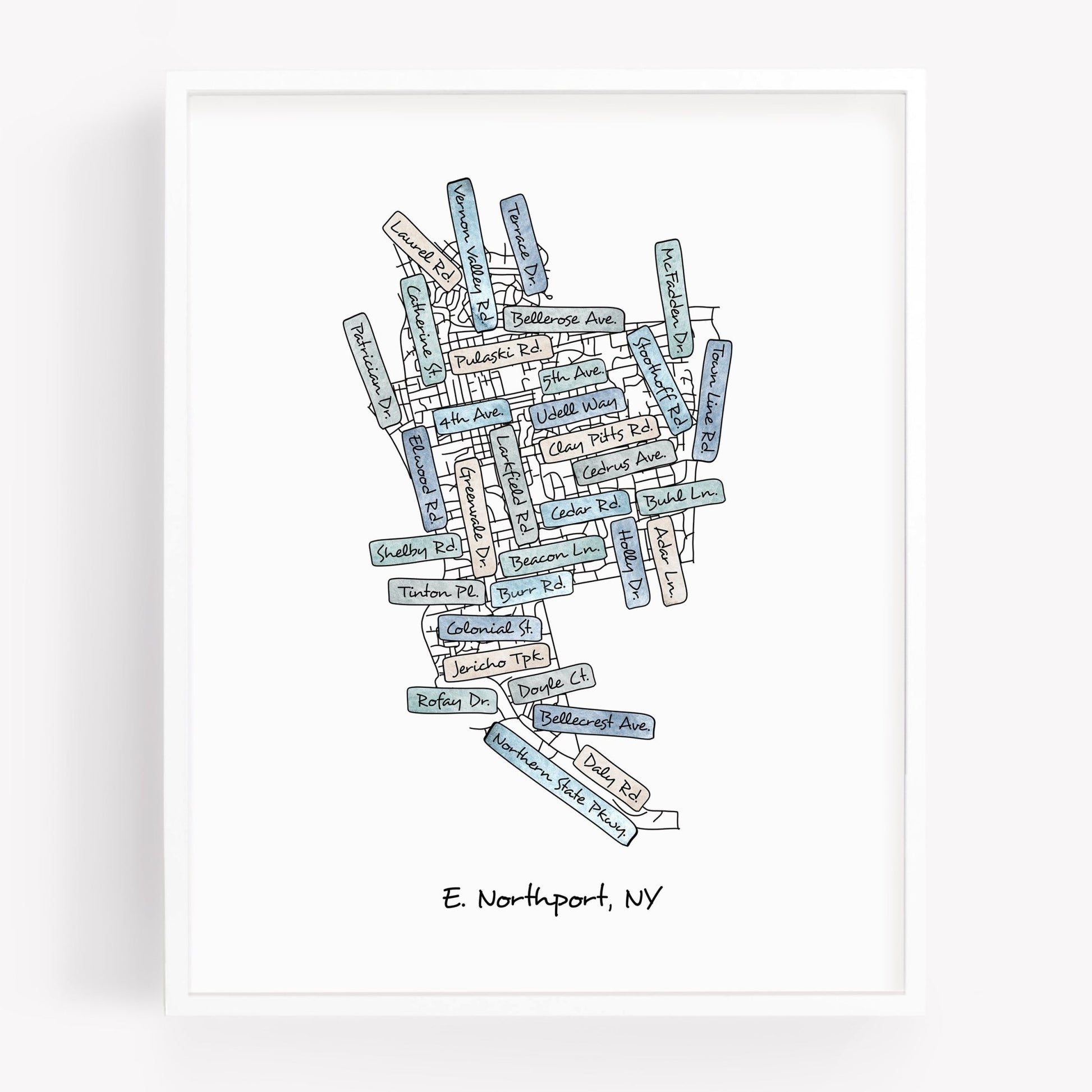 A hand-drawn street map art print of East Northport New York - Sparks House Co