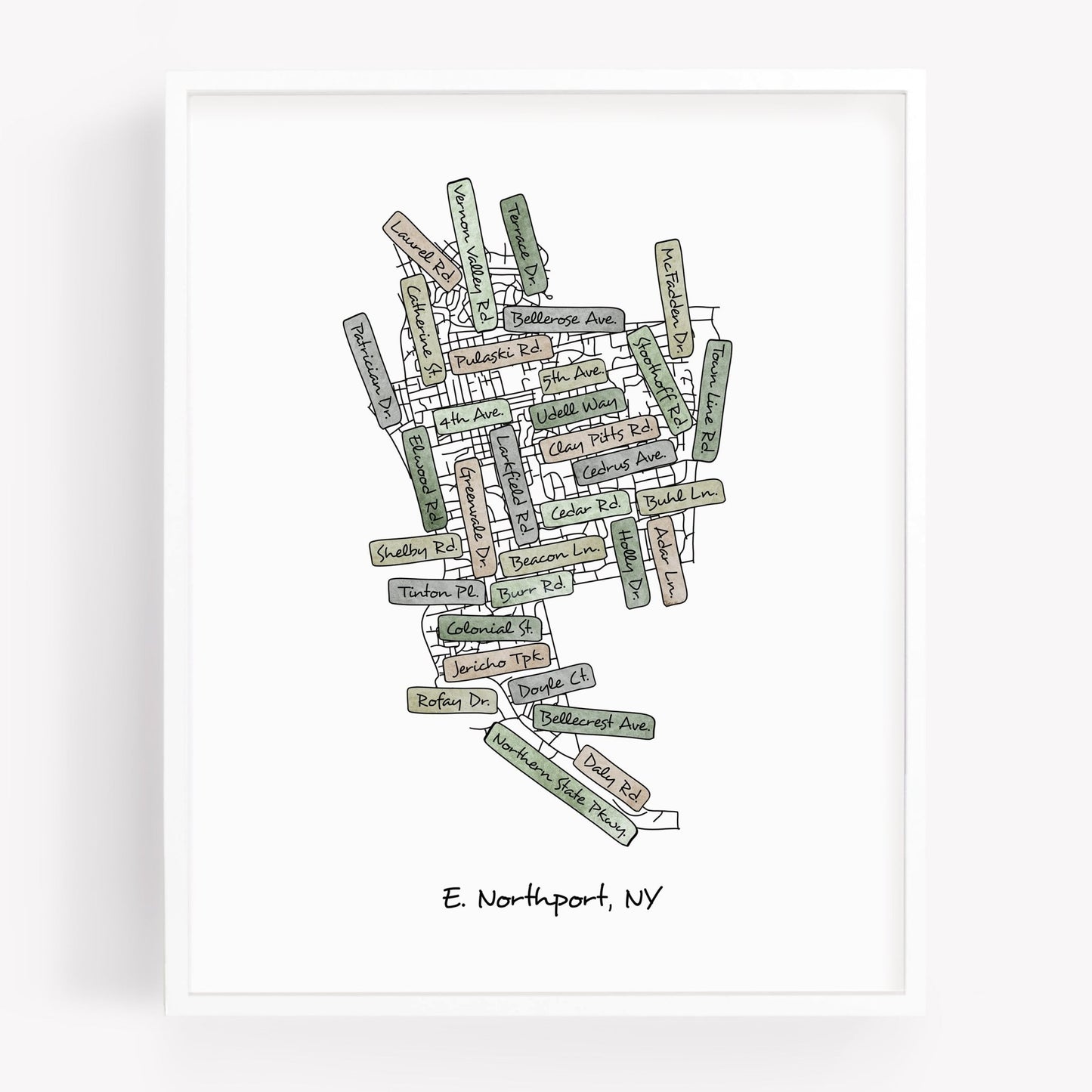 A hand-drawn street map art print of East Northport New York - Sparks House Co