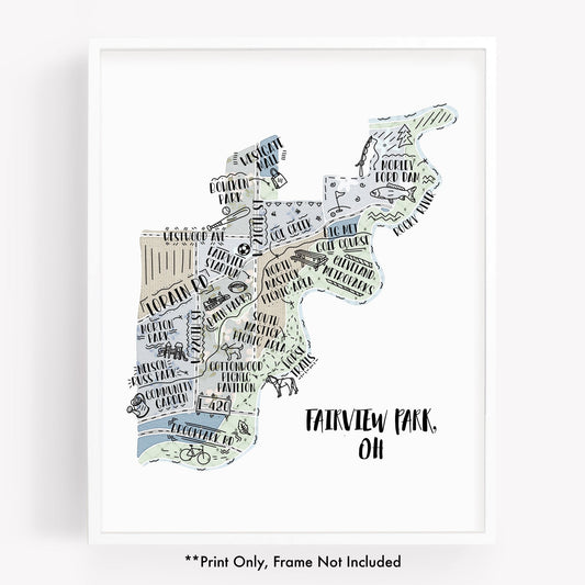 An illustrated map of Fairview Park OH, as a print - Sparks House Co