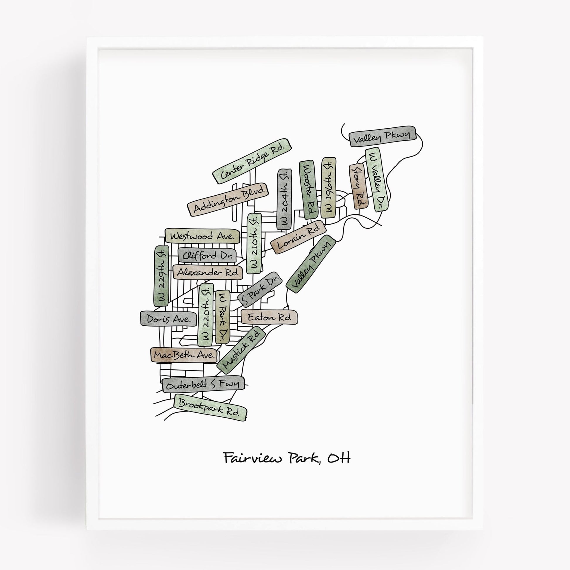 A hand-drawn street map art print of Fairview Park Ohio - Sparks House Co