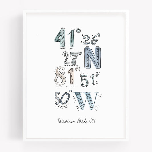 A city art print of a drawing of the coordinates of Fairview Park OH - Sparks House Co