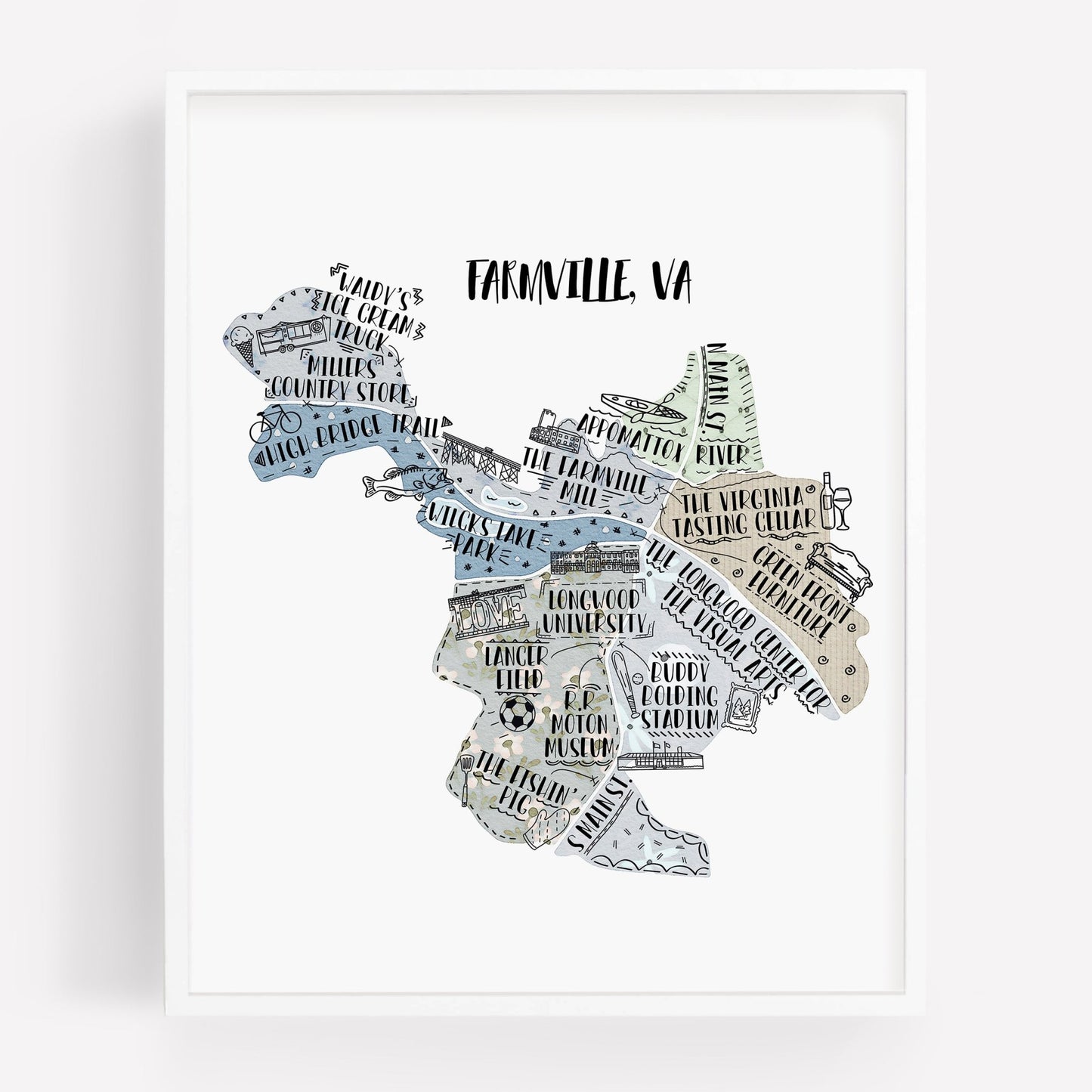 Farmville VA Map Print - Hand Drawn Map Poster - City Map Virginia Souvenir