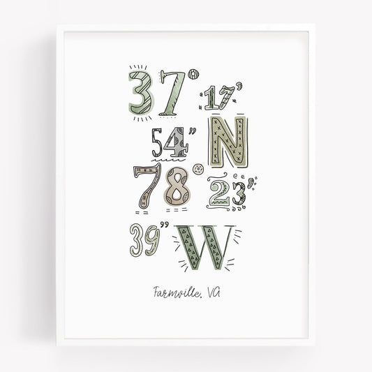 A city art print of a drawing of the coordinates of Farmville GA - Sparks House Co