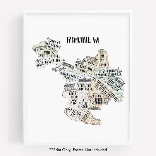 An illustrated map of Farmville VA, as a print - Sparks House Co